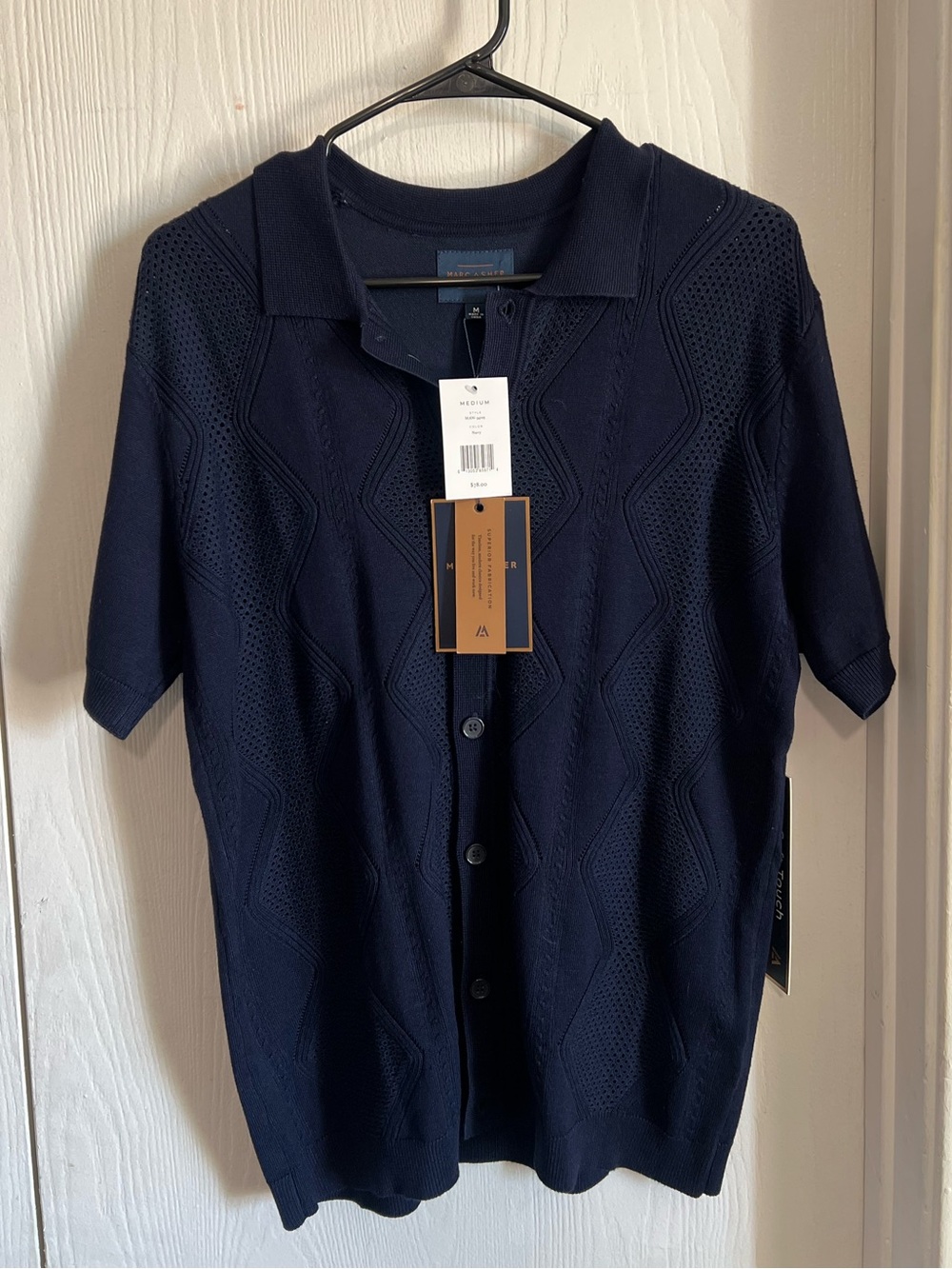 NWT Marc Asher Shirt Mens M Medium Navy Blue  Stretch Button Up Short Sleeve